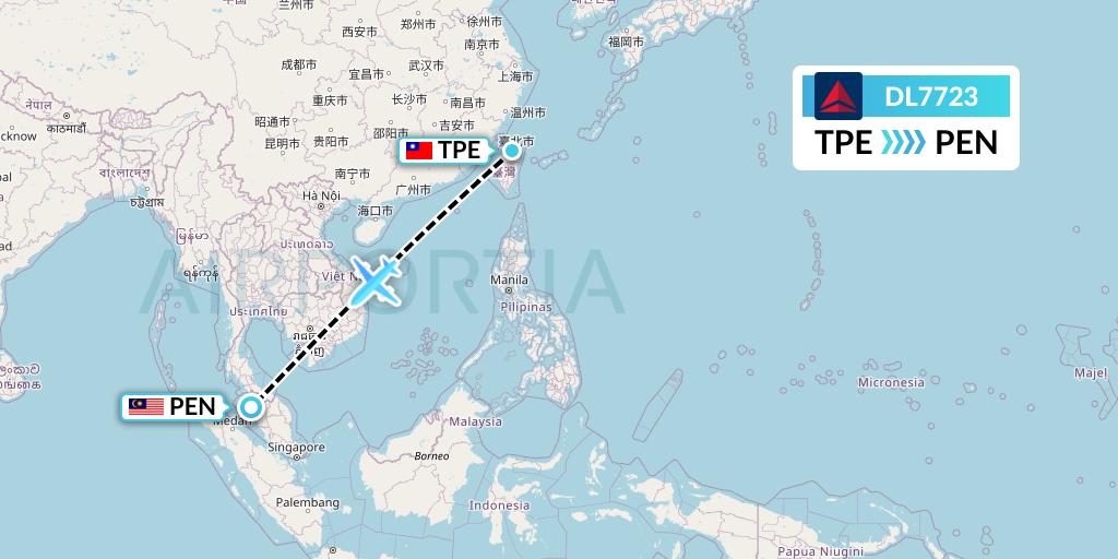 DL7723 Delta Air Lines Flight Map: Taipei to Penang
