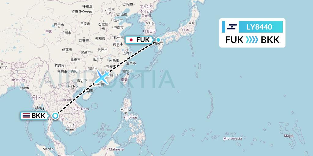 LY8440 El Al Flight Map: Fukuoka to Bangkok