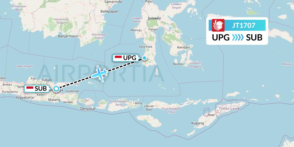 JT1707 Lion Airlines Flight Map: Makassar to Surabaya