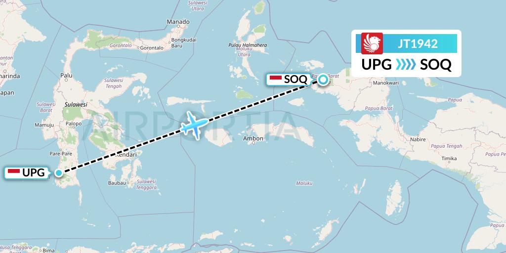 JT1942 Lion Airlines Flight Map: Makassar to Sorong