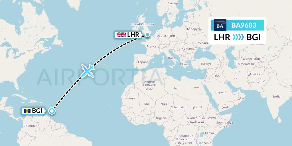 BA9603 British Airways Flight Map: London to Bridgetown