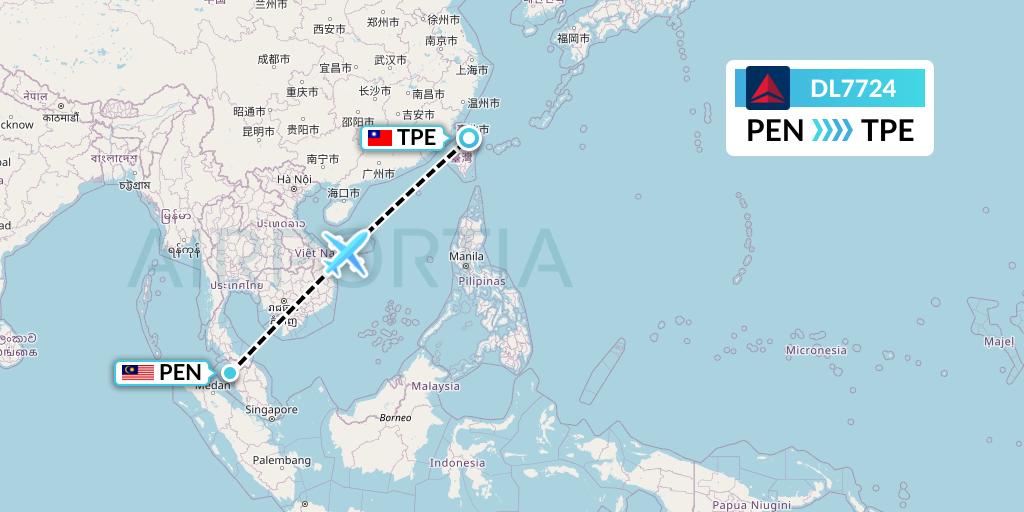 DL7724 Delta Air Lines Flight Map: Penang to Taipei