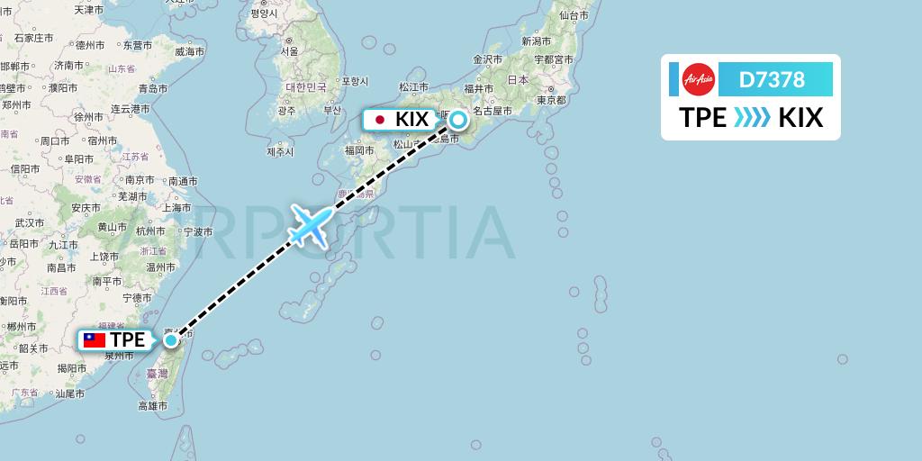 D7378 AirAsia X Flight Map: Taipei to Osaka