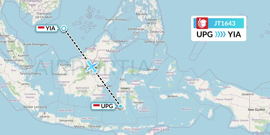 JT1643 Lion Airlines Flight Map: Makassar to Yogyakarta
