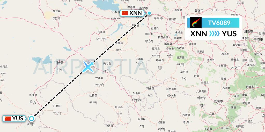 TV6089 Tibet Airlines Flight Map: Xining to Yushu