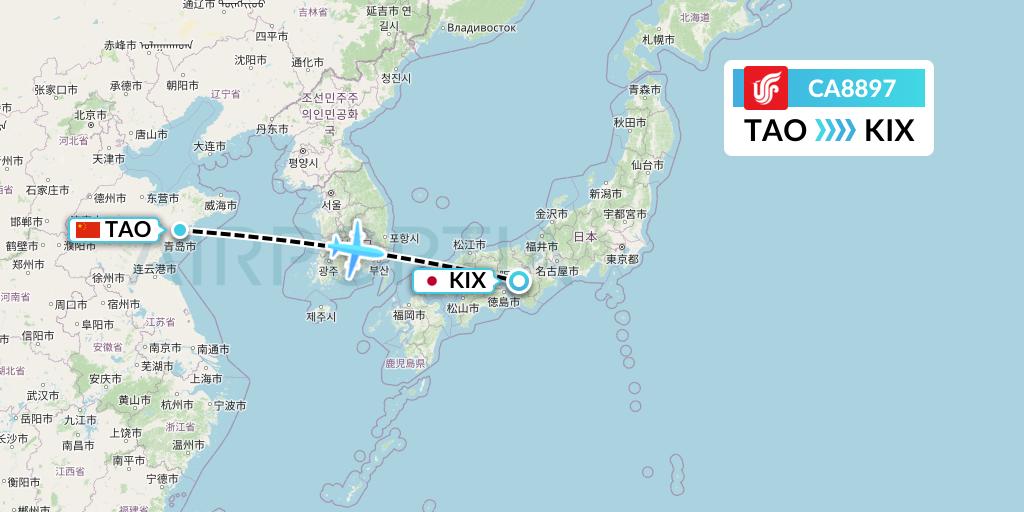 CA8897 Air China Flight Map: Qingdao to Osaka