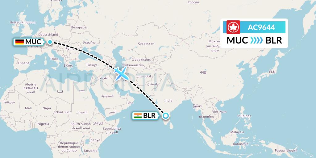 AC9644 Air Canada Flight Map: Munich to Bangalore
