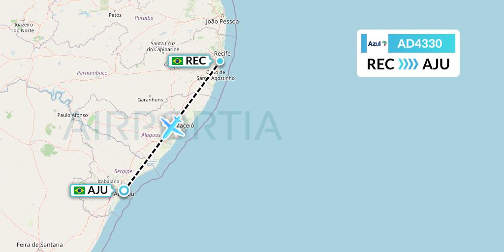 AD4330 Azul Brazilian Airlines Flight Map: Recife to Aracaju