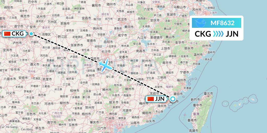 MF8632 Xiamen Airlines Flight Map: Chongqing to Jinjiang
