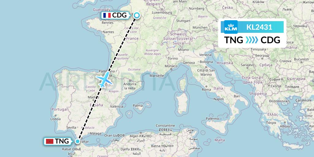 KL2431 KLM Flight Map: Tangier to Paris