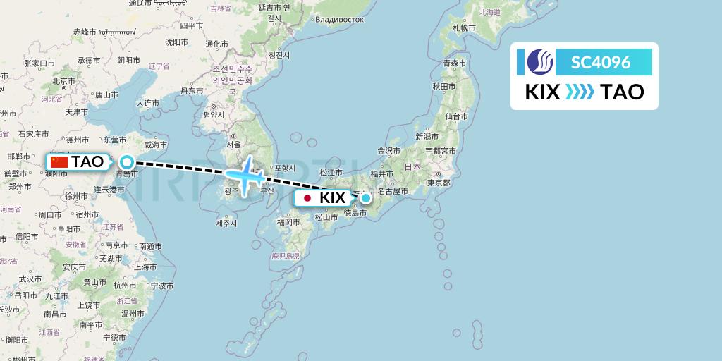 SC4096 Shandong Airlines Flight Map: Osaka to Qingdao