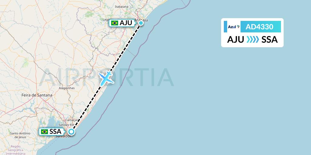 AD4330 Azul Brazilian Airlines Flight Map: Aracaju to Salvador