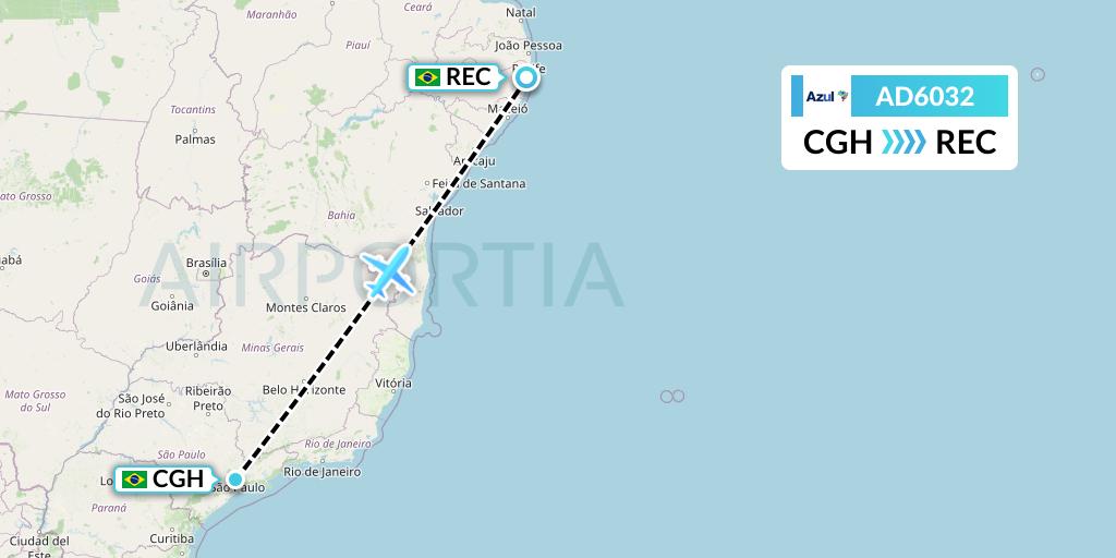 AD6032 Azul Brazilian Airlines Flight Map: Sao Paulo to Recife