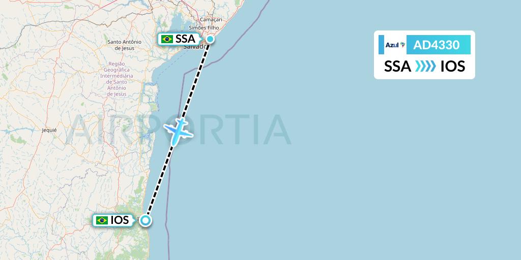 AD4330 Azul Brazilian Airlines Flight Map: Salvador to Ilheus