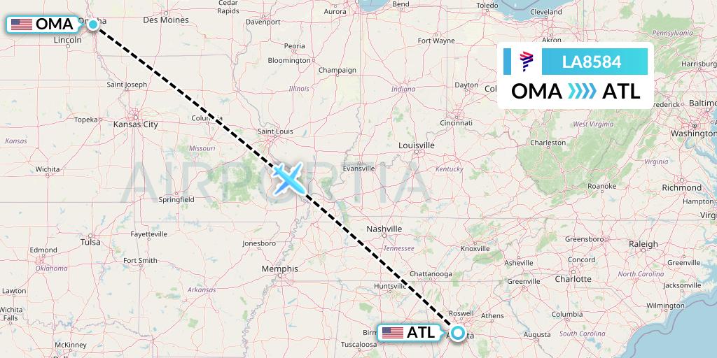 LA8584 LAN Airlines Flight Map: Omaha to Atlanta