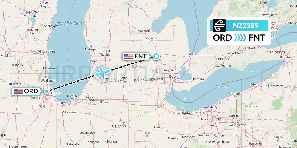 NZ2389 Air New Zealand Flight Map: Chicago to Flint
