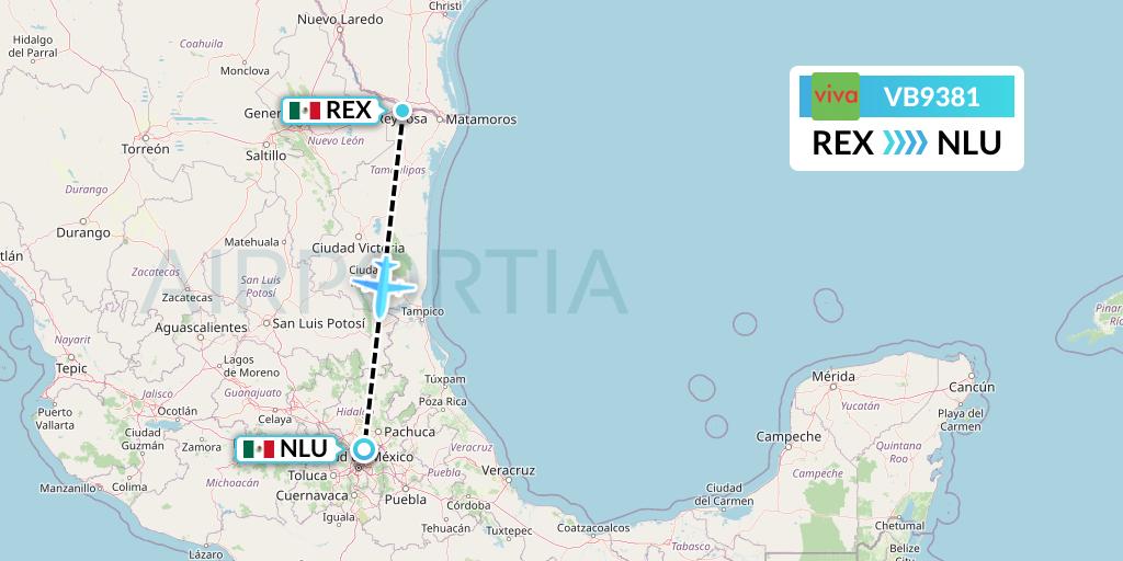 VB9381 VivaAerobus Flight Map: Reynosa to Reyes Acozac