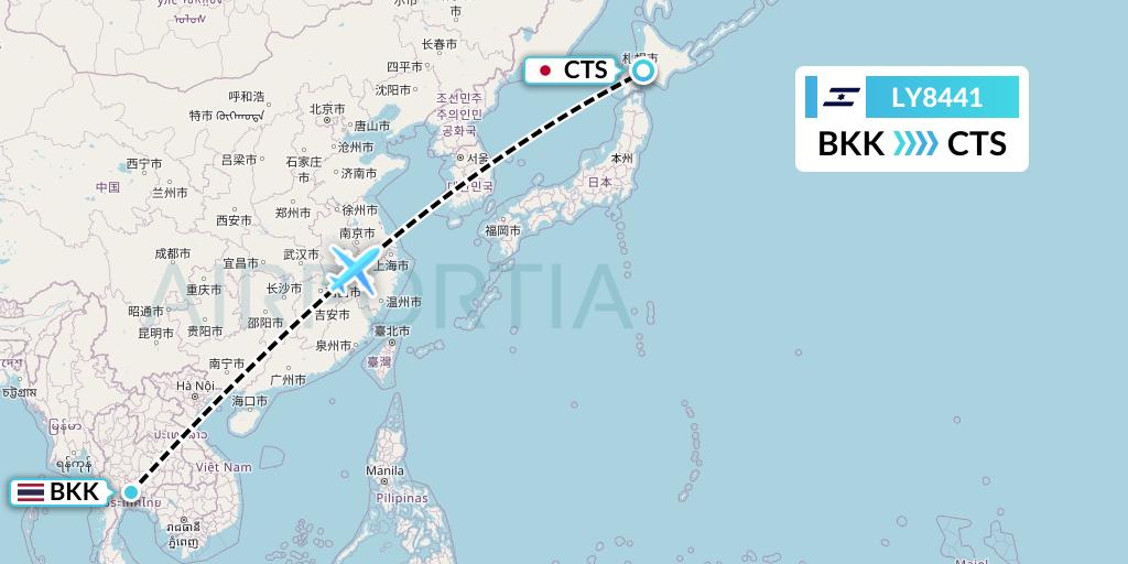 LY8441 El Al Flight Map: Bangkok to Sapporo