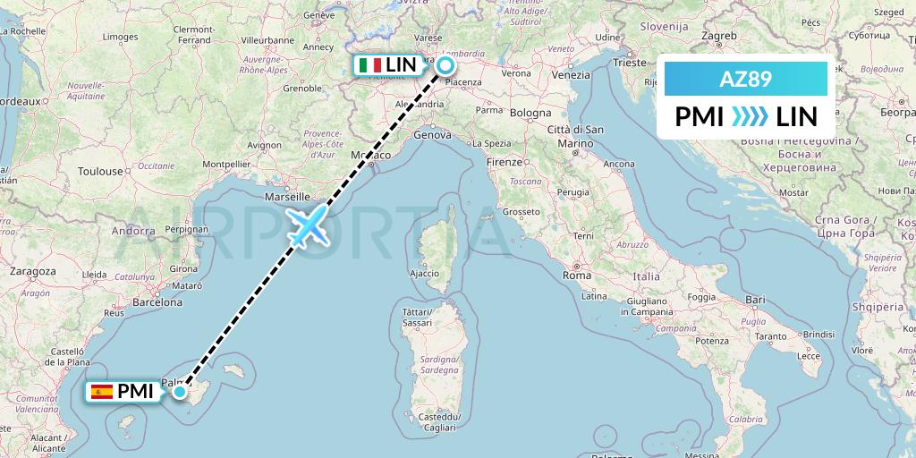 AZ89 ITA Airways Flight Map: Palma de Mallorca to Milan