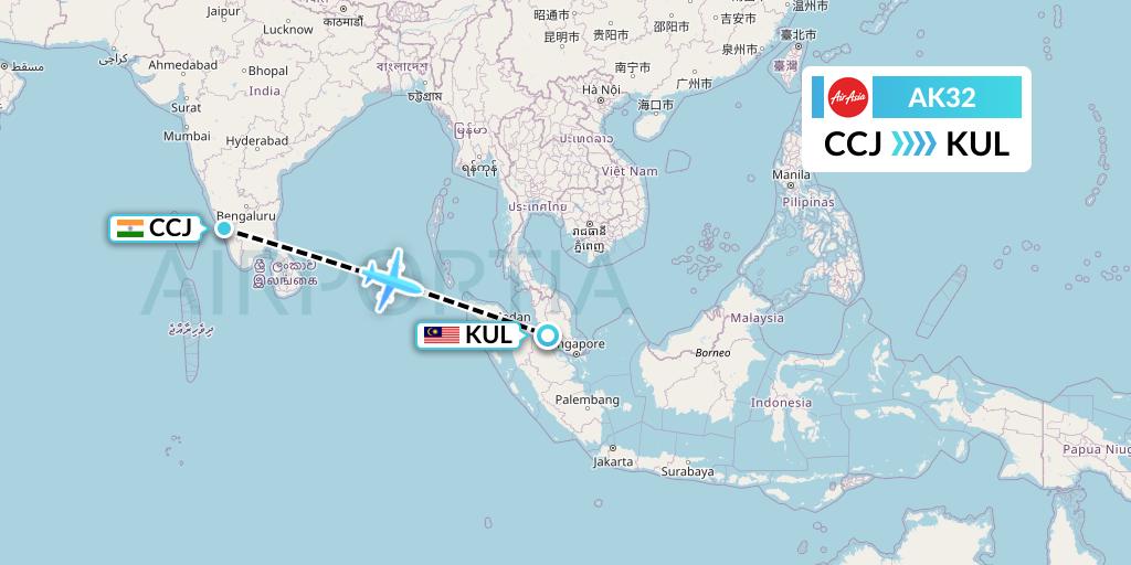 AK32 AirAsia Flight Map: Kozhikode to Kuala Lumpur