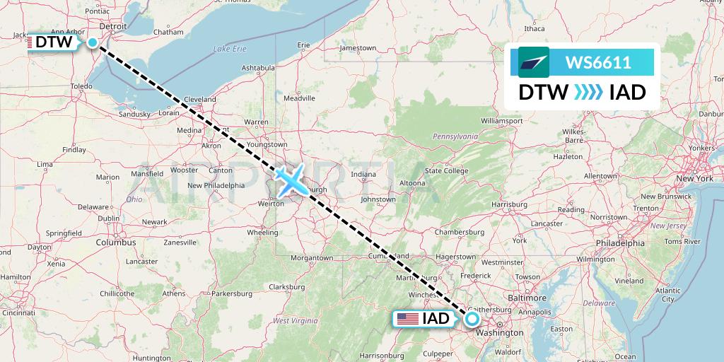WS6611 WestJet Flight Map: Detroit to Washington