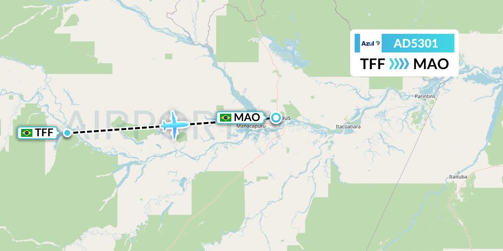 AD5301 Azul Brazilian Airlines Flight Map: Tefe to Manaus