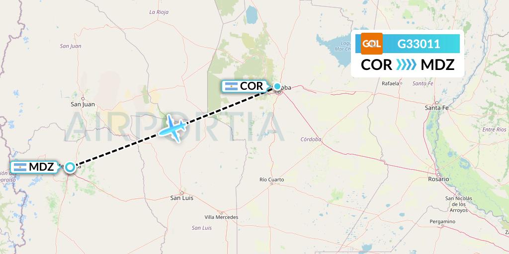 G33011 GOL Transportes Aeros Flight Map: Cordoba to Mendoza