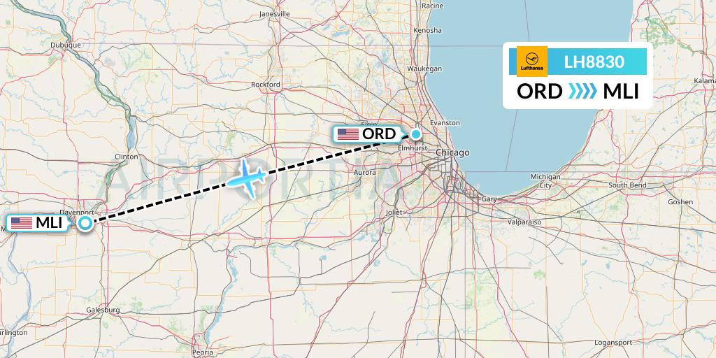 LH8830 Lufthansa Flight Map: Chicago to Moline