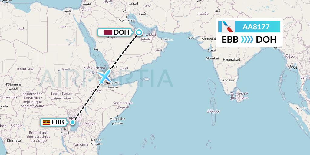 AA8177 American Airlines Flight Map: Entebbe to Doha