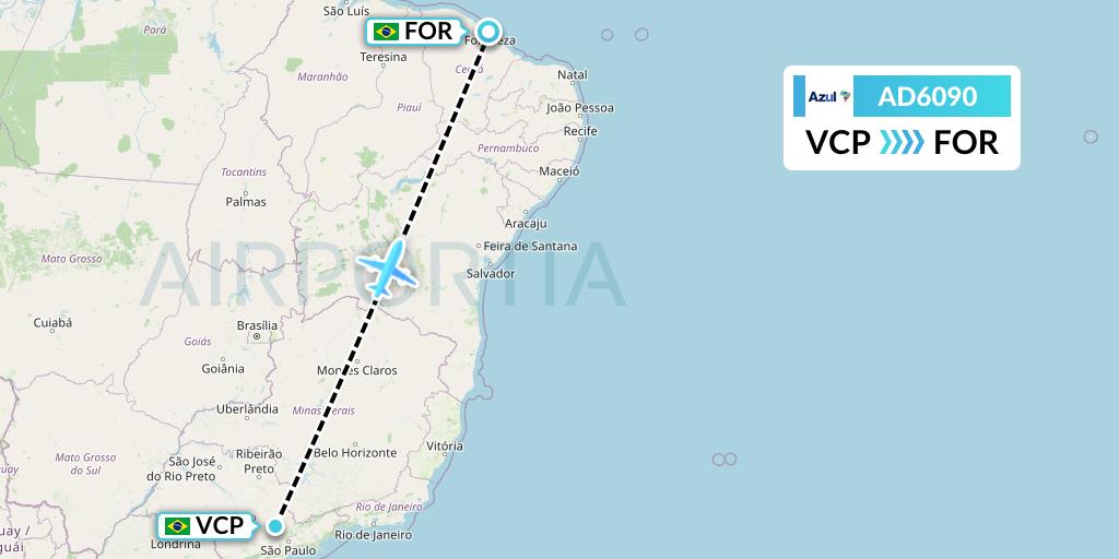 AD6090 Azul Brazilian Airlines Flight Map: Campinas to Fortaleza