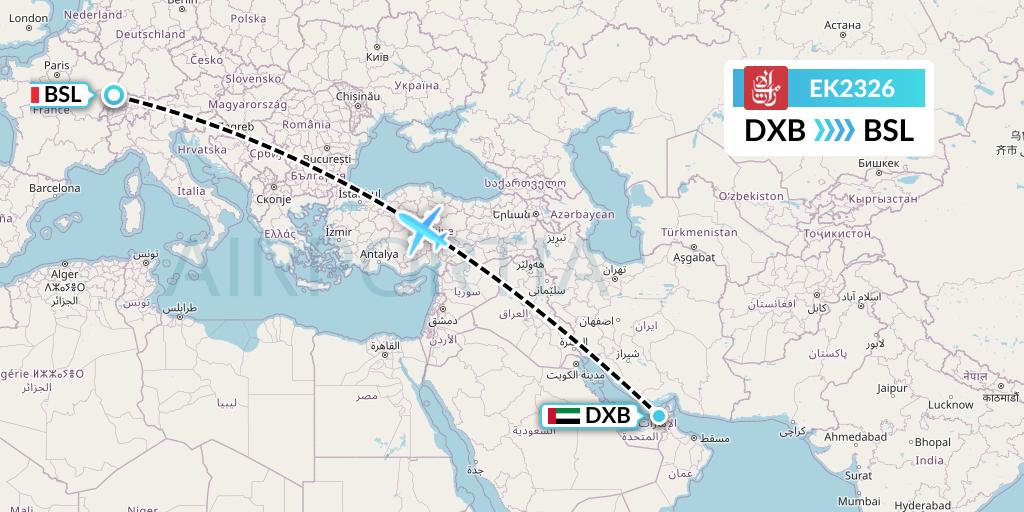 EK2326 Emirates Flight Map: Dubai to Basel