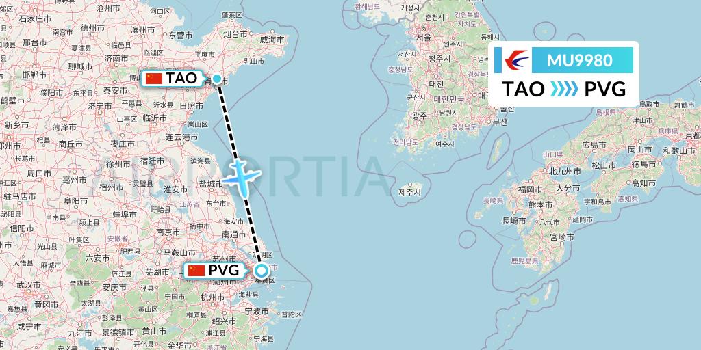 MU9980 China Eastern Airlines Flight Map: Qingdao to Shanghai