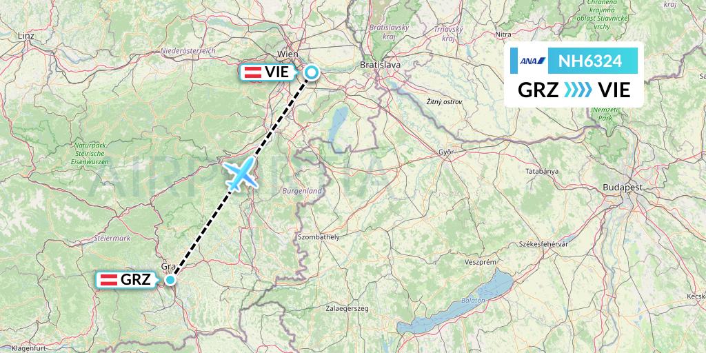 NH6324 All Nippon Airways Flight Map: Graz to Vienna