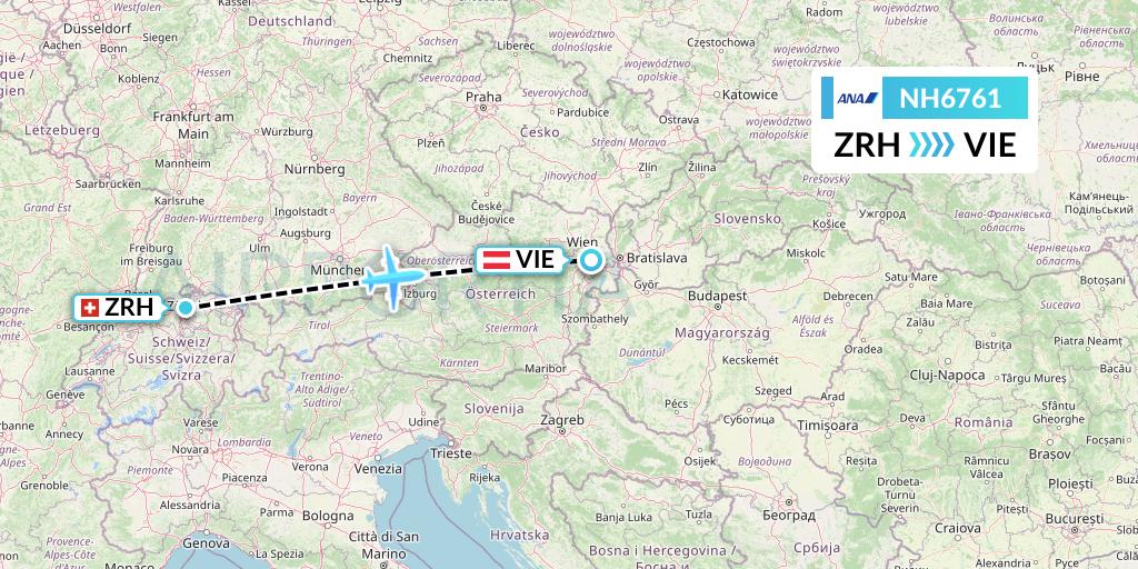 NH6761 All Nippon Airways Flight Map: Zurich to Vienna