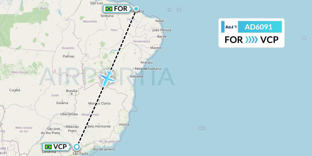 AD6091 Azul Brazilian Airlines Flight Map: Fortaleza to Campinas