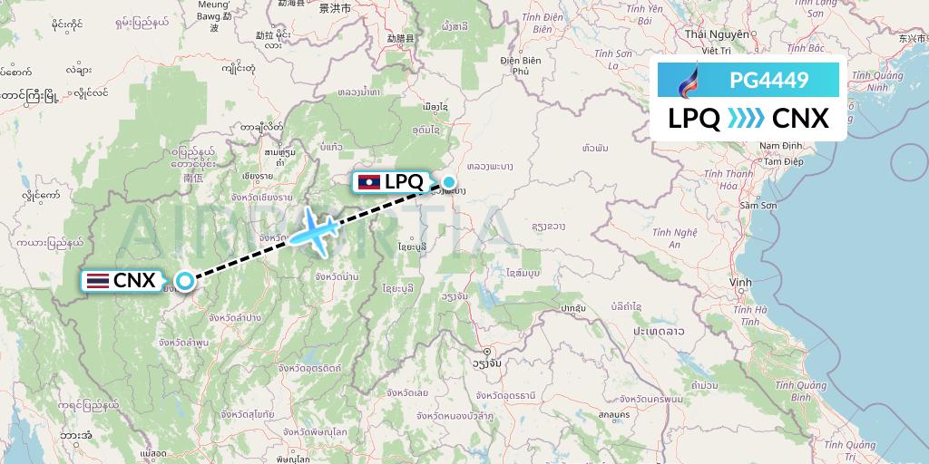 PG4449 Bangkok Airways Flight Map: Luang Prabang to Chiang Mai