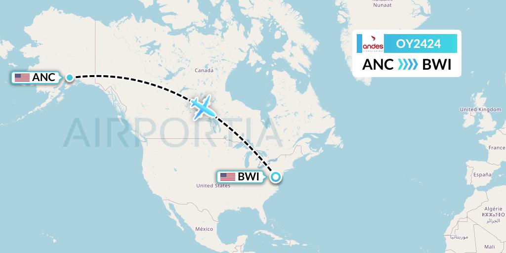 OY2424 Omni Air International Flight Map: Anchorage to Baltimore