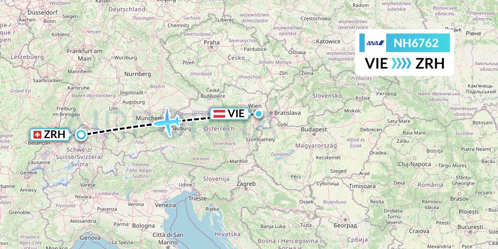NH6762 All Nippon Airways Flight Map: Vienna to Zurich