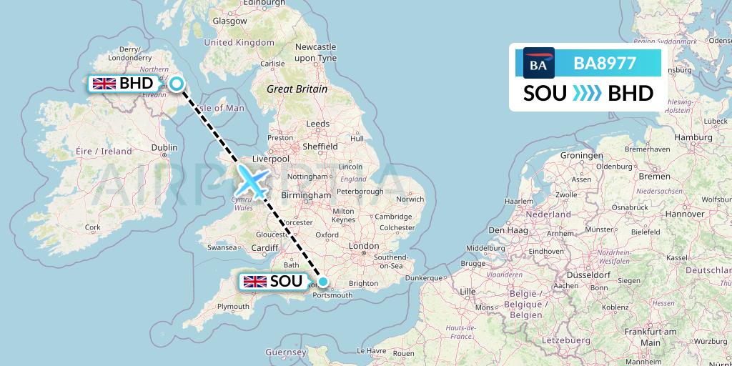 BA8977 British Airways Flight Map: Southampton to Belfast