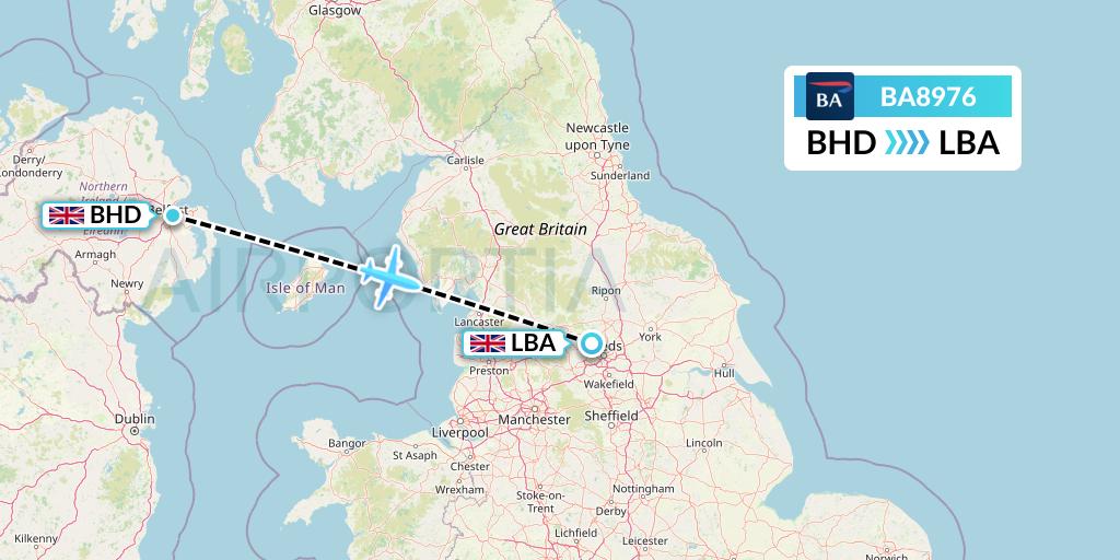 BA8976 British Airways Flight Map: Belfast to Leeds