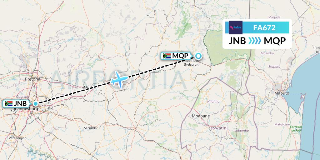 FA672 Safair Flight Map: Johannesburg to Nelspruit