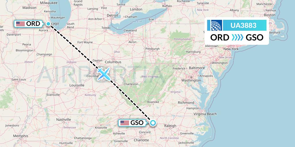 UA3883 United Airlines Flight Map: Chicago to Greensboro