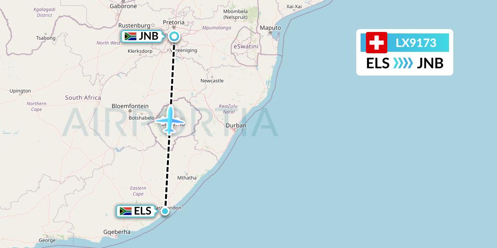 LX9173 Swiss Flight Map: East London to Johannesburg