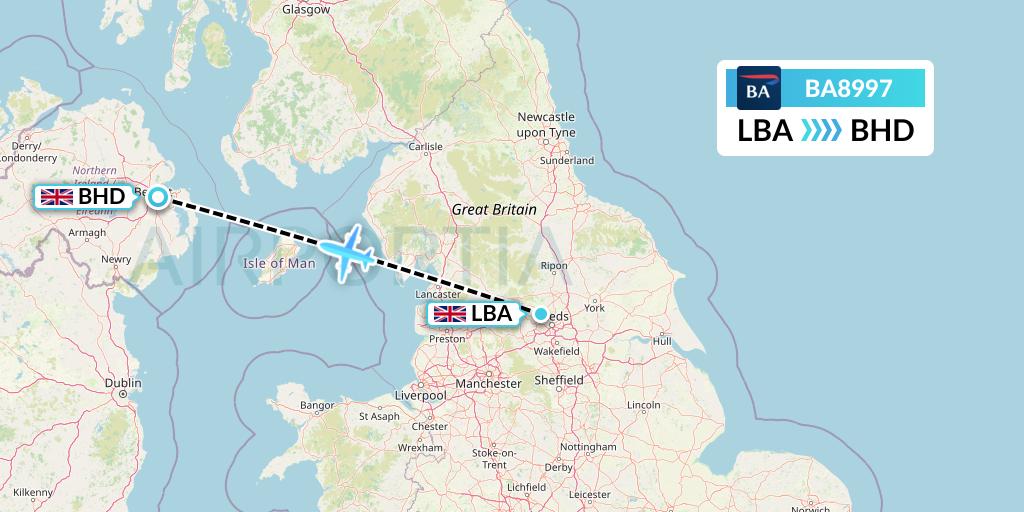 BA8997 British Airways Flight Map: Leeds to Belfast