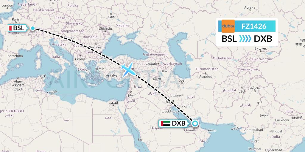 FZ1426 FlyDubai Flight Map: Basel to Dubai