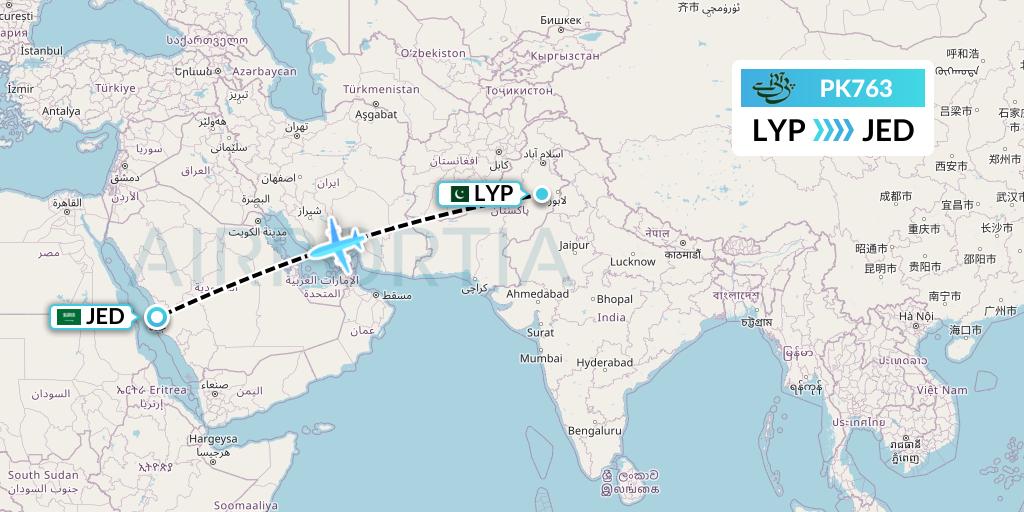 PK763 Pakistan International Airlines Flight Map: Faisalabad to Jeddah