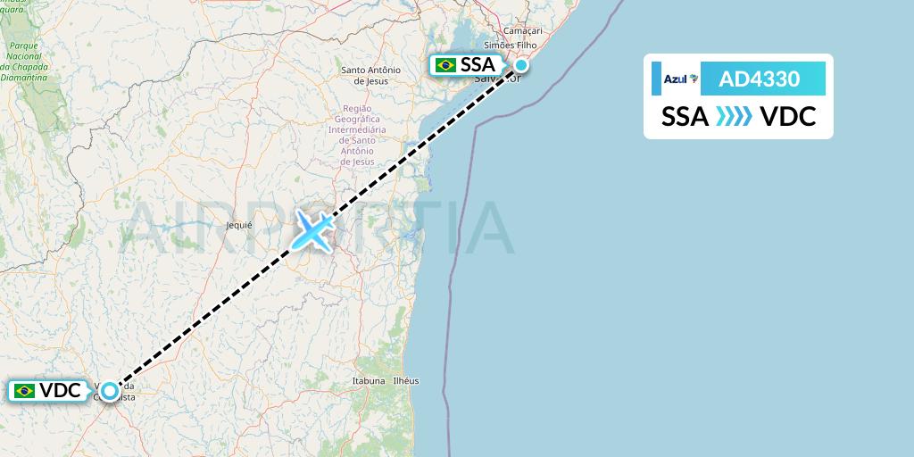 AD4330 Azul Brazilian Airlines Flight Map: Salvador to Vitoria Da Conquista