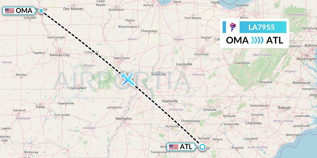 LA7955 LAN Airlines Flight Map: Omaha to Atlanta