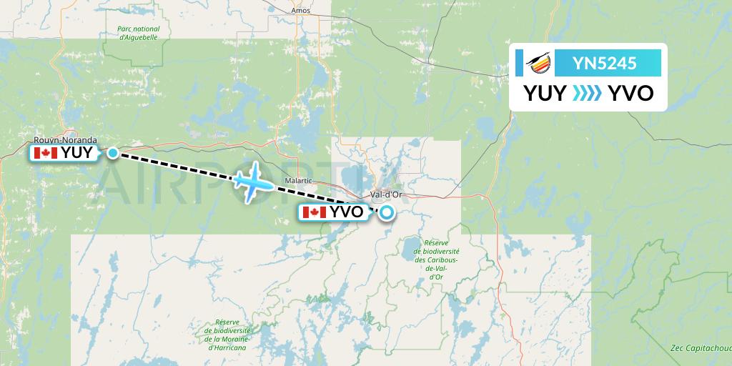 YN5245 Air Creebec Flight Map: Rouyn to Val-d'Or