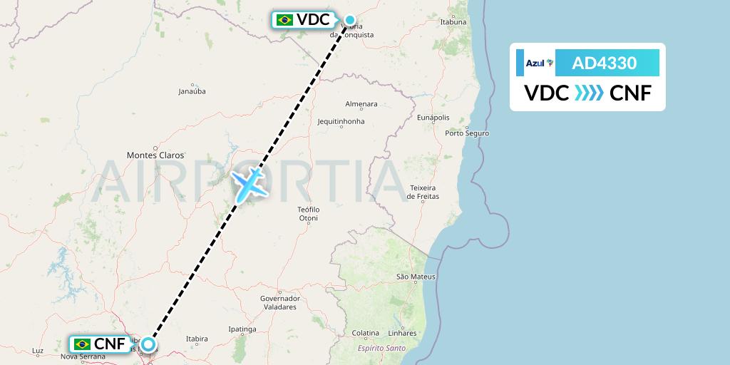 AD4330 Azul Brazilian Airlines Flight Map: Vitoria Da Conquista to Belo Horizonte